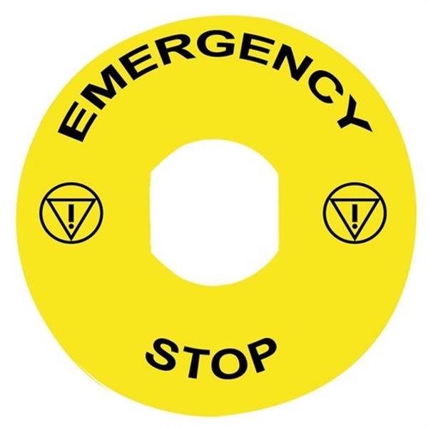 SCHNEIDER ELECTRIC ZBY8330 Etiqueta circular pulsador seta "EMERGENCY STOP" 90mm