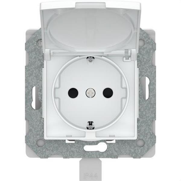 BJC 23526-3X Base Schuko IP44 2P+T emborne sin tornillo con tapa y protección infantil con garra en blan