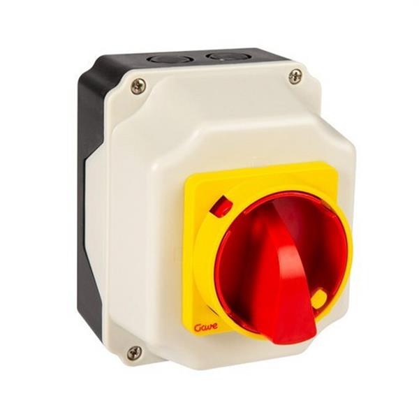 GAVE AB5522107 Interruptor de seguridad 3P 25A en caja IP65 gris/negro, 100x130x90mm con mando rojo y cara