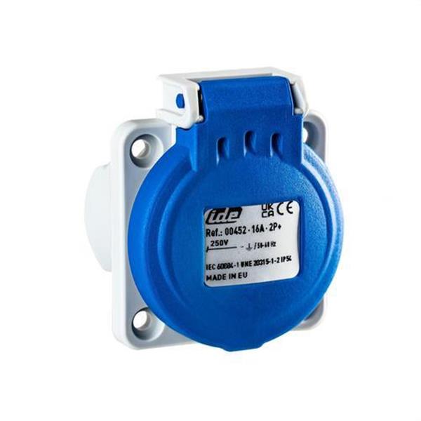 IDE 00452 Base empotrar 2 polos + toma tierra lateral 16A IP54 250V tornillo de color azul