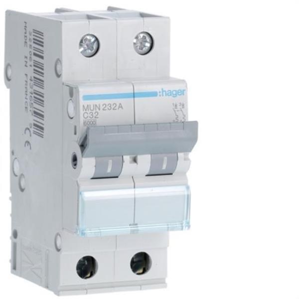 HAGER MUN232A Interruptor automático 2P 32A curva-C 6kA