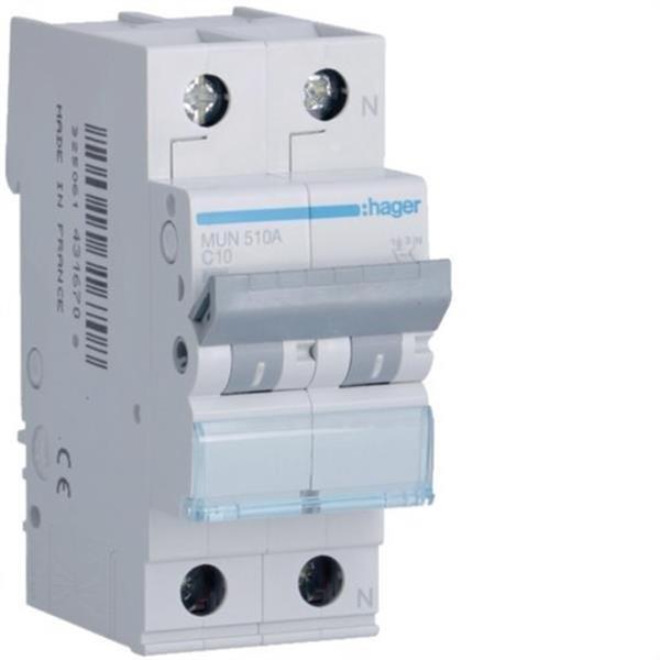 HAGER MUN510A Interruptor automático 1P+N 10A curva-C 6kA