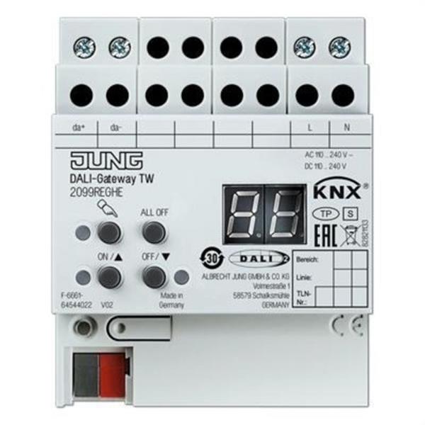 JUNG 2099REGHE Interface KNX DALI TW montaje en carril DIN con mando manual electrónico y LED de estado