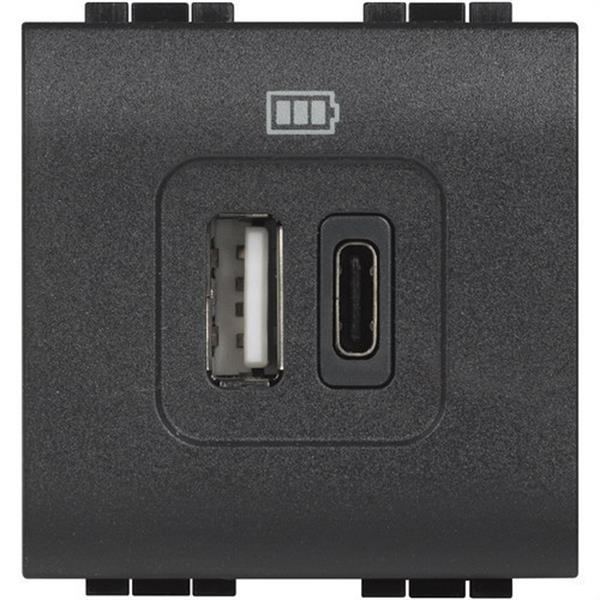 BTICINO L4287C2 Base USB A+C Livinglight 3A/5V con 2 módulos en color antracita