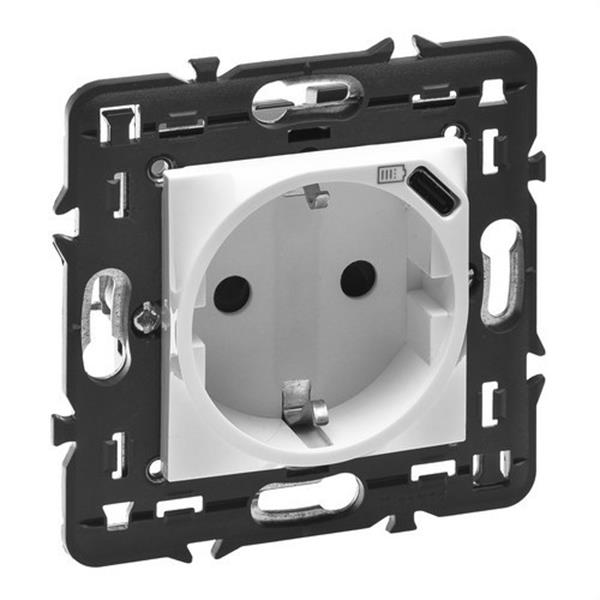 LEGRAND 077271L Base de corriente Mosaic 2P+T Schuko USB Tipo C con soporte 2 módulos, blanco