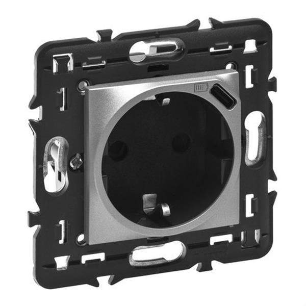 LEGRAND 079371L Base de corriente Mosaic 2P+T Schuko USB Tipo C con soporte 2 módulos, aluminio