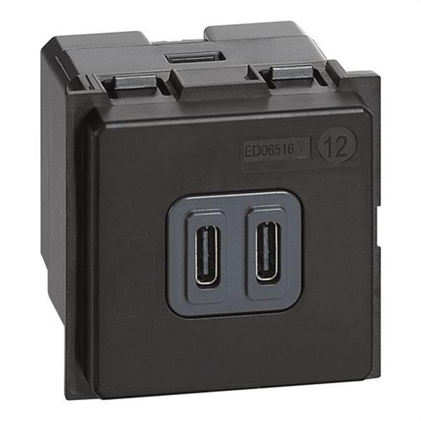 BTICINO K4286C2 Base cargador USB tipoC 5VCC 3000mA 250VCA LIVING NOW 2 módulos para cargar un dispositivo 