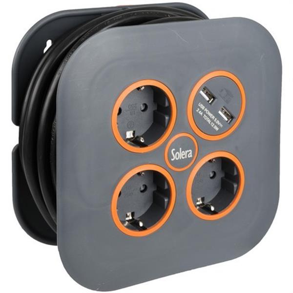 SOLERA 7321USB Enrollacable con 3 bases 2P+T 16A 250V + 2USB 5m de cable H05VV-F 3G1,5mm²