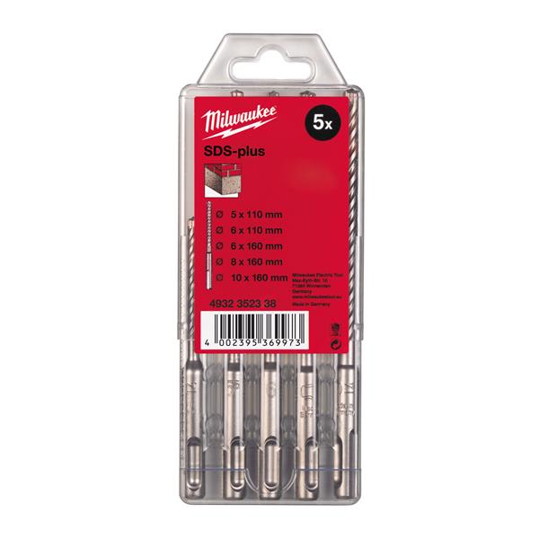 MILWAUKEE 4932352338 Estuche de plástico de 5 brocas SDS-Plus 2filos 5 / 6x110mm 6 / 8 / 10x160mm