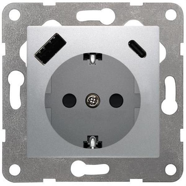 BJC 23526-USBC-PL Tapa + mecanismo base schuko VIVA USB AC PD, plata luna