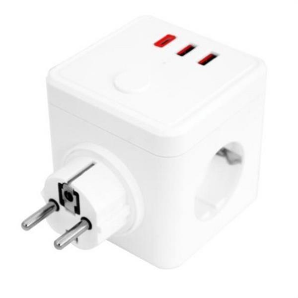 SILVER ELECTRONICS 9523 Base E-BLOCK con 3 salidas schuko, 2 USB y 1 USB Tipe C + Interruptor